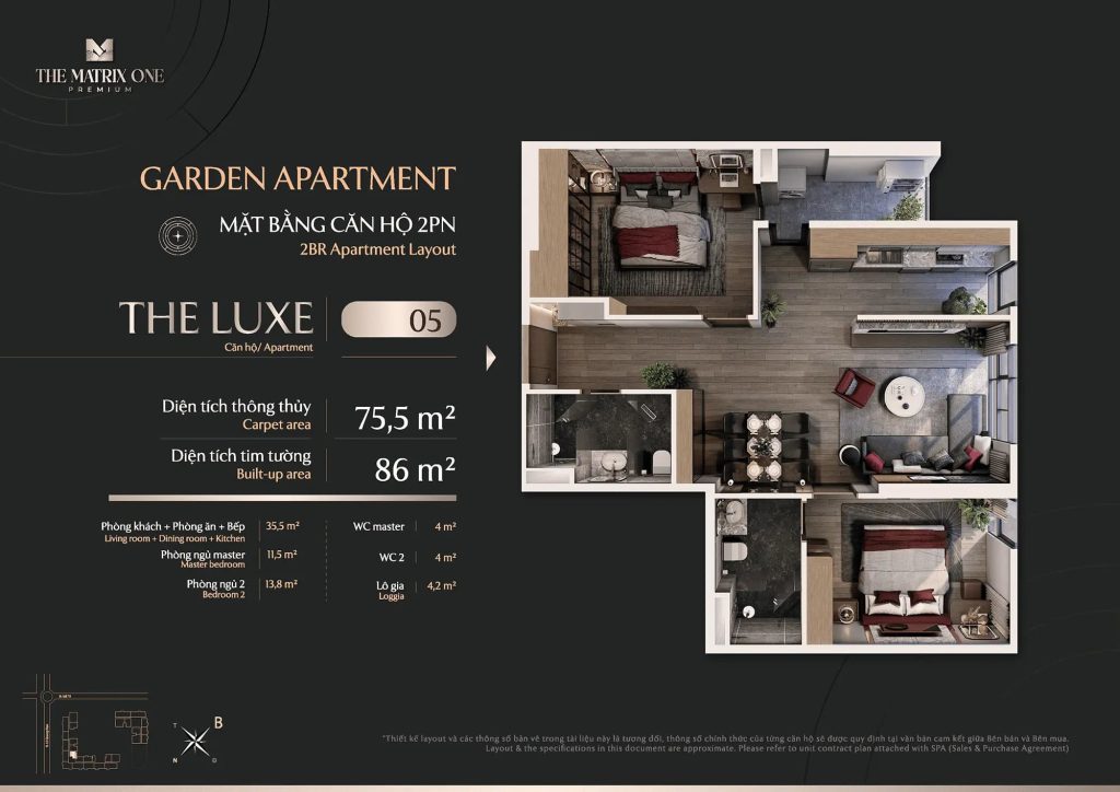 Mặt bằng The Matrix One Premium - Chủ đầu tư MIK Group 17 Layout căn 2PN - The Luxe (05)