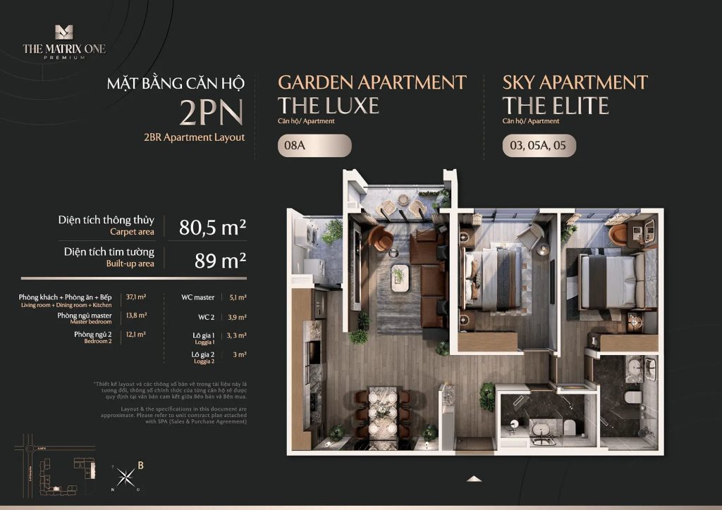 Mặt bằng The Matrix One Premium - Chủ đầu tư MIK Group 19 Layout căn 2PN - The Luxe (08A), The Elite (03, 05A, 05)