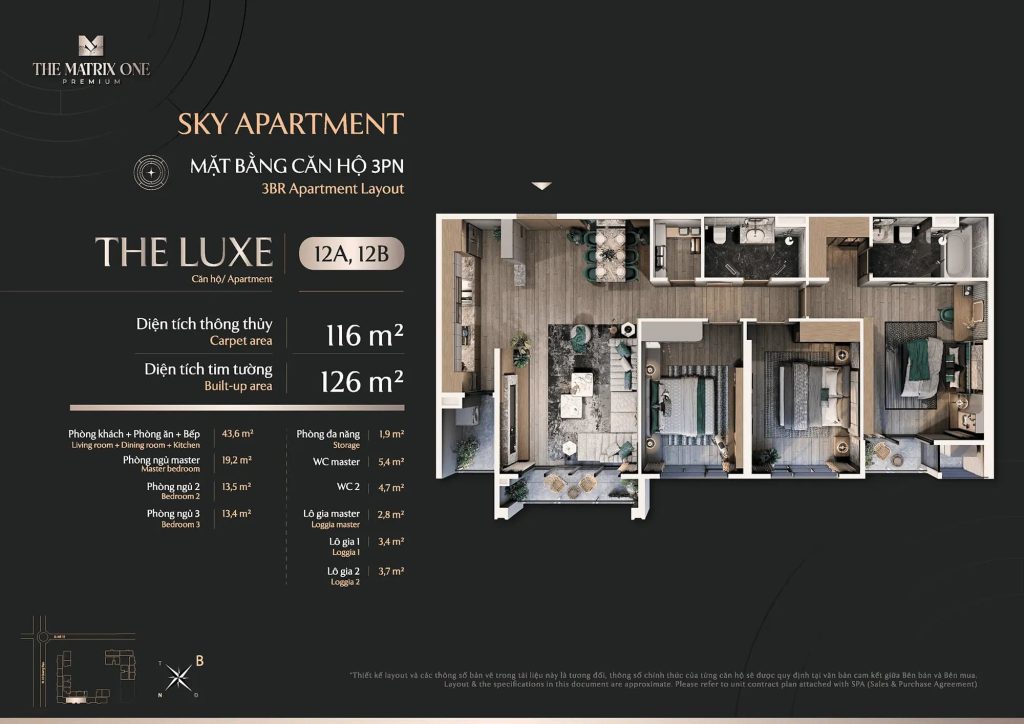 Mặt bằng The Matrix One Premium - Chủ đầu tư MIK Group 25 Layout căn 3PN - The Luxe (12A, 12B)
