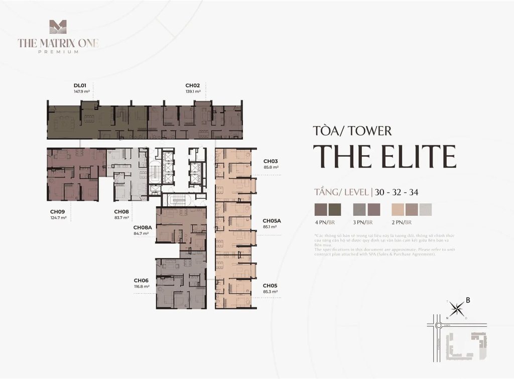 Mặt bằng The Matrix One Premium - Chủ đầu tư MIK Group 11 Mặt bằng điển hình Tầng 30, 32, 34 - Tòa The Elite