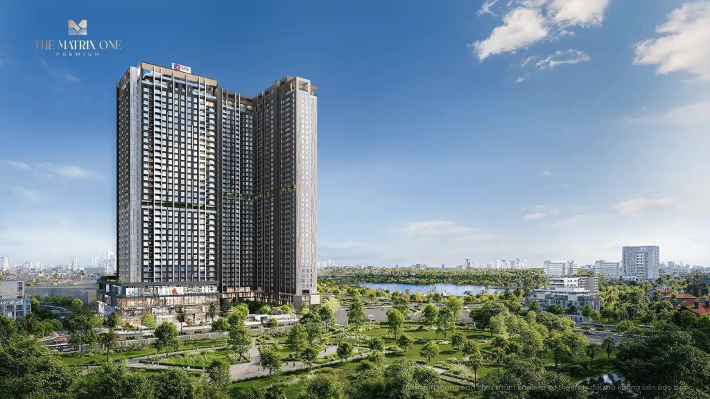 MIK Group - Chủ đầu tư dự án The Matrix One Premium 4 Hình ảnh The Matrix One Premium với hai tòa tháp cao tầng hiện đại, bao quanh bởi công viên xanh tươi, hồ nước yên bình và đường đi bộ, dưới bầu trời xanh với vài đám mây trắng, xa xa là khung cảnh thành phố Hà Nội.